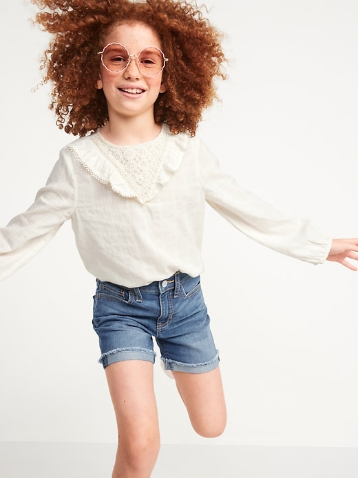View large product image 2 of 3. High-Waisted Button-Fly Ripped Jean Midi Shorts for Girls