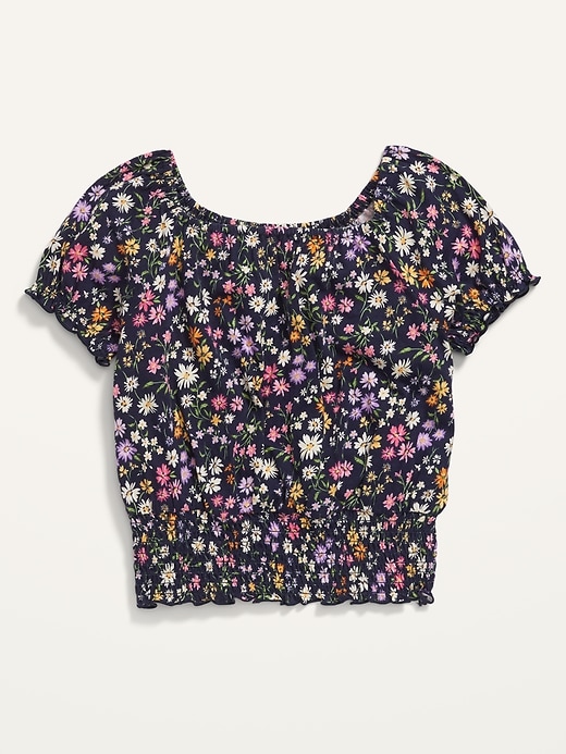 View large product image 1 of 2. Short Puff-Sleeve Floral-Print Smocked Top for Girls