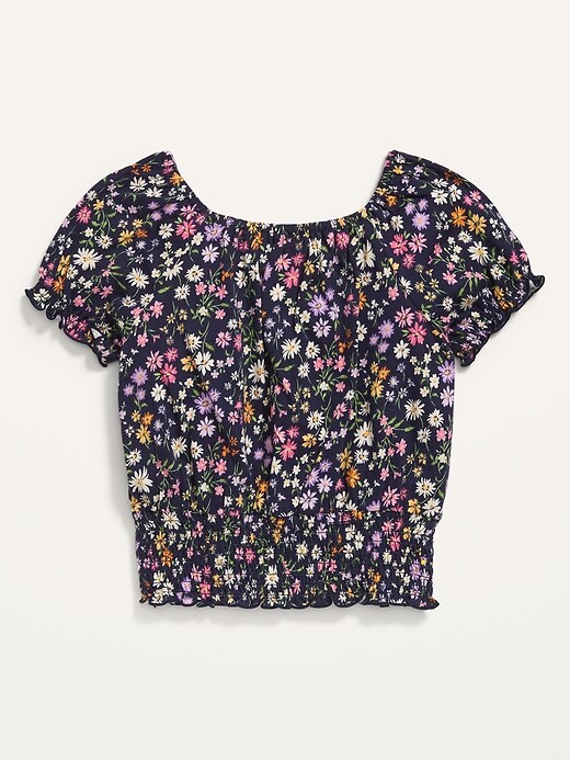 View large product image 2 of 2. Short Puff-Sleeve Floral-Print Smocked Top for Girls