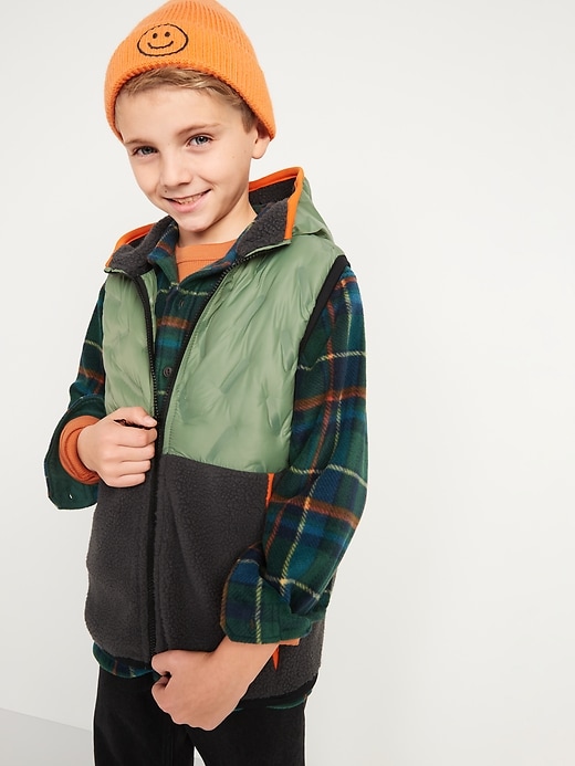 View large product image 1 of 2. Hooded Puffer/Sherpa Hybrid Zip Vest for Boys
