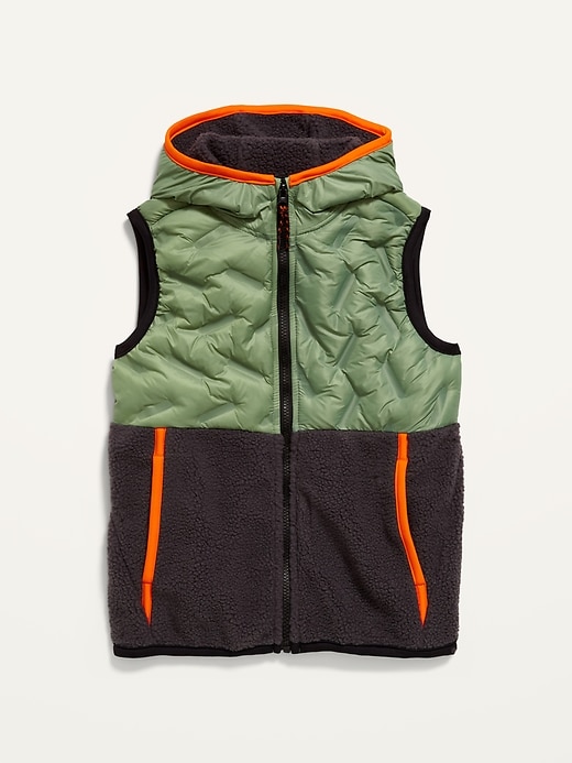 View large product image 2 of 2. Hooded Puffer/Sherpa Hybrid Zip Vest for Boys