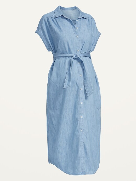 Maternity Short-Sleeve Tie-Waist Chambray Midi Dress | Old Navy