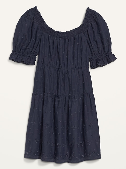 Image number 4 showing, Puff-Sleeve Tiered Smocked Embroidered Mini Swing Dress