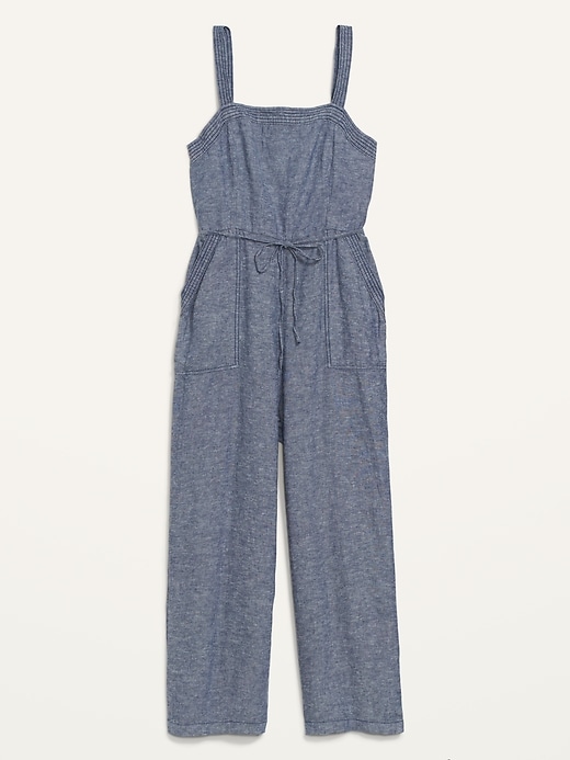 sleeveless linen blend tie belt wide leg jumpsuit for women