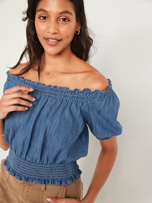 Image number 3 showing, Scoop-Neck Smocked Chambray Blouse for Women