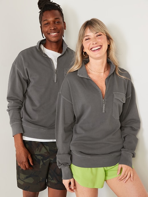 View large product image 1 of 3. Garment-Dyed Quarter Zip Utility-Pocket Sweatshirt