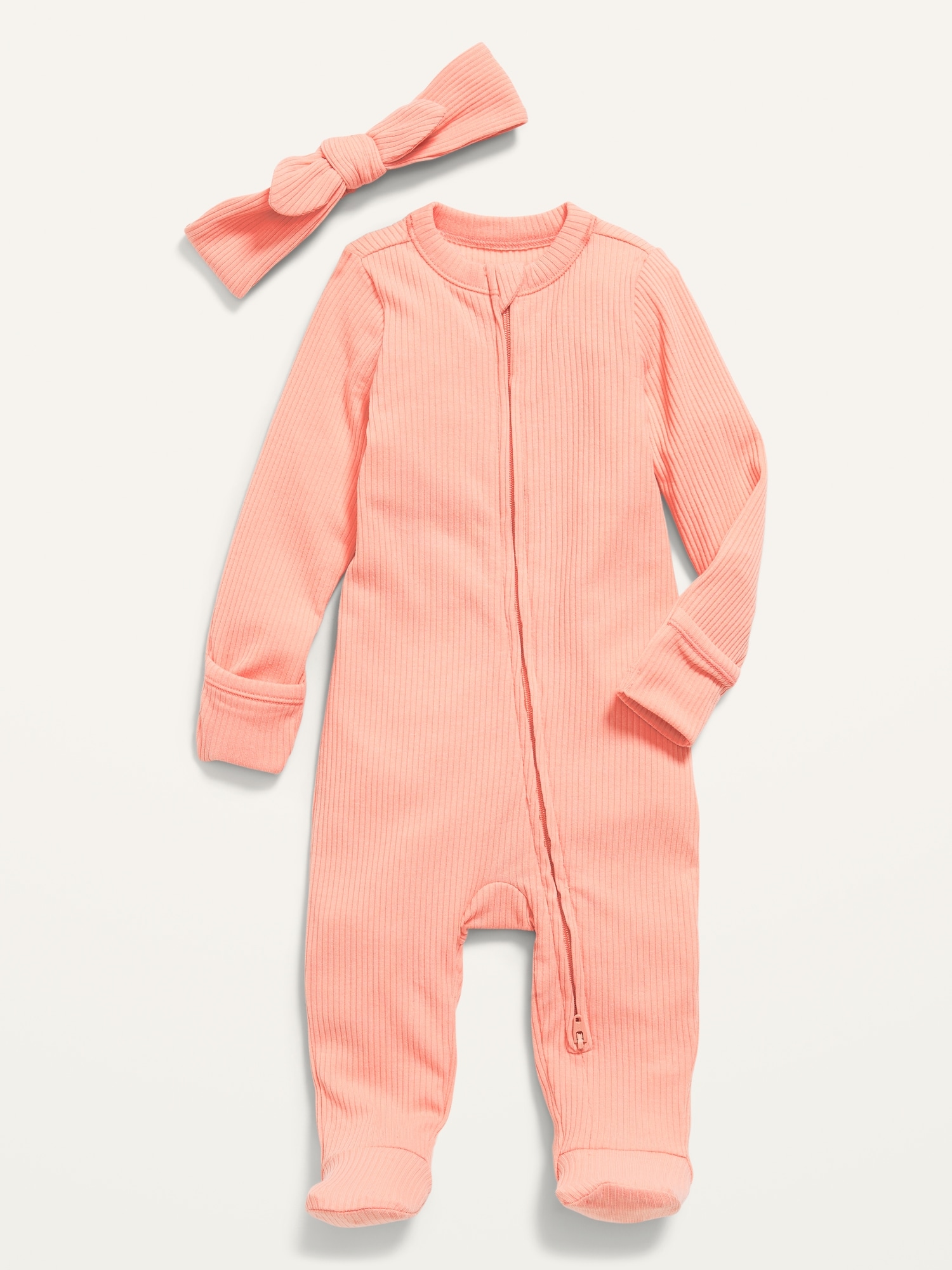 Old Navy Unisex Sleep & Play 2-Way-Zip Footed One-Piece & Headband Layette Set for Baby pink. 1