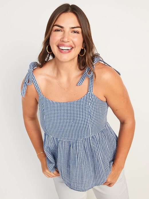 Old Navy Tie-Shoulder Smocked Gingham Cami Babydoll Swing Blouse for Women. 1