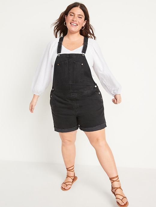 Image number 7 showing, Slouchy Straight Black-Wash Cut-Off Non-Stretch Jean Short Overalls for Women