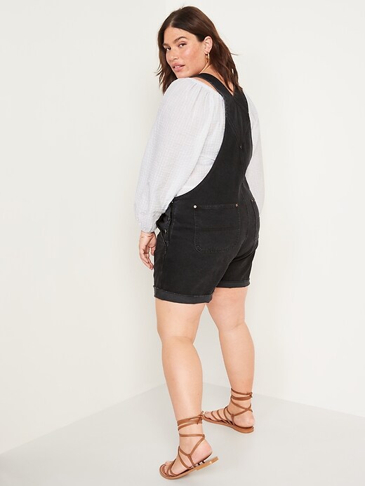 Image number 8 showing, Slouchy Straight Black-Wash Cut-Off Non-Stretch Jean Short Overalls for Women