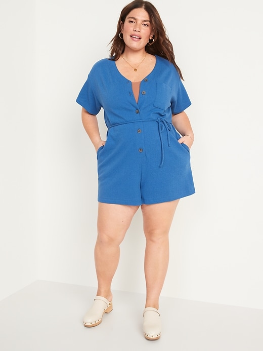 Waist-Defined Short-Sleeve Specially-Dyed Utility Romper for Women --  3.5-inch inseam