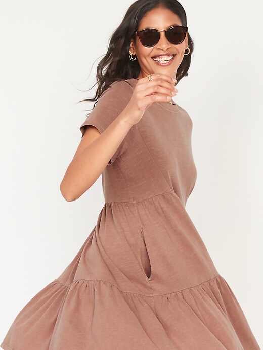 Image number 3 showing, Short-Sleeve Tiered Mini Swing Dress for Women