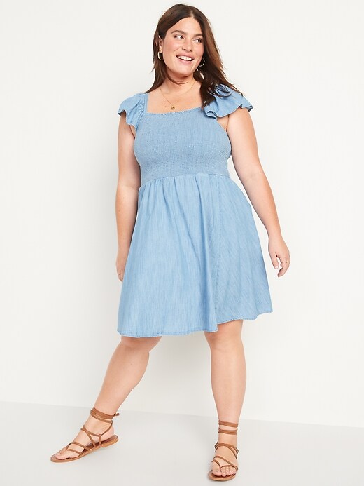 Image number 7 showing, Fit & Flare Flutter-Sleeve Smocked Chambray Mini Dress for Women