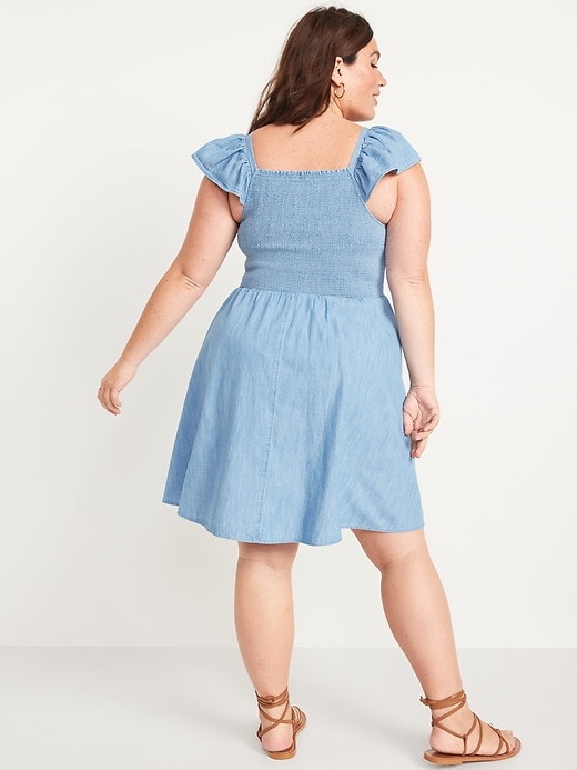 Image number 8 showing, Fit & Flare Flutter-Sleeve Smocked Chambray Mini Dress for Women