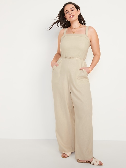 Old Navy Sleeveless Linen-Blend Tie-Belt Wide-Leg Jumpsuit for Women. 1