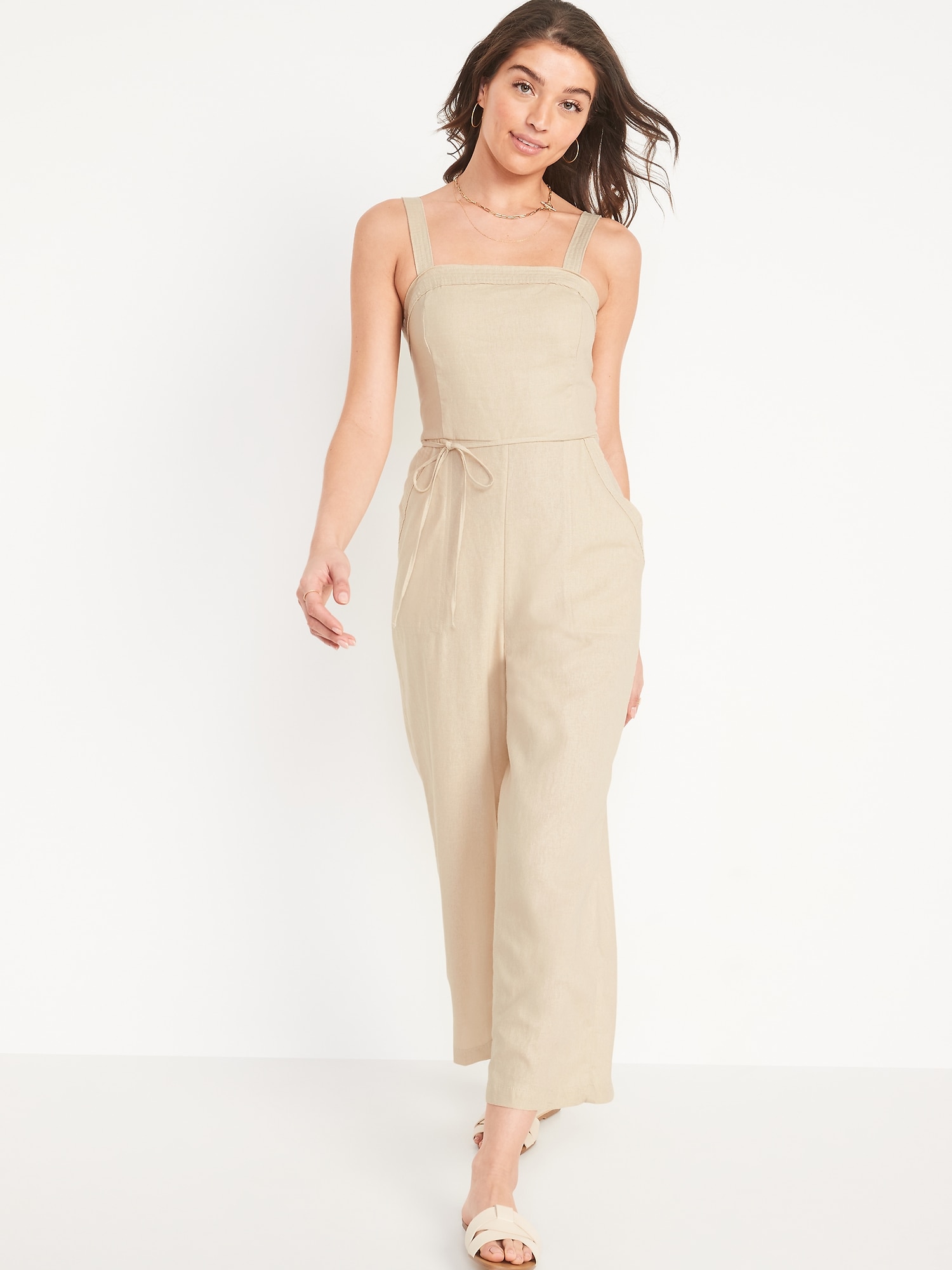 Sleeveless Linen Blend Tie Belt Wide Leg Jumpsuit For Women Old Navy