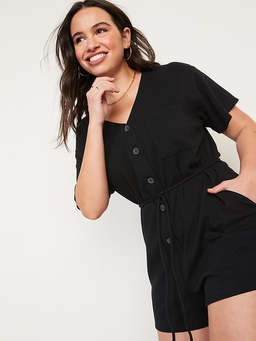 Image number 3 showing, Textured-Knit Utility Short-Sleeve Romper for Women -- 3.5-inch inseam