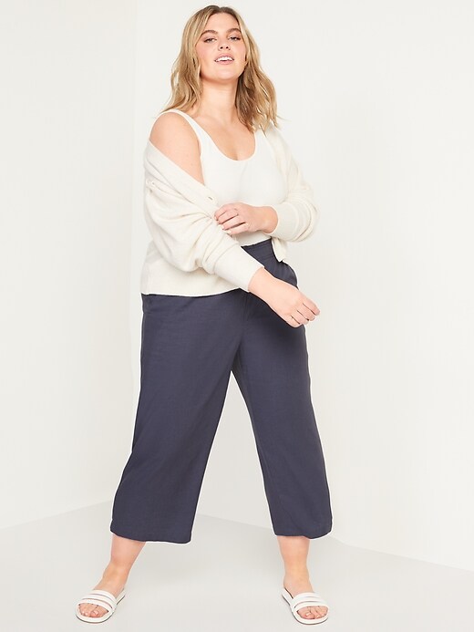 Image number 3 showing, High-Waisted Lettuce-Edge Linen-Blend Culotte Pants for Women