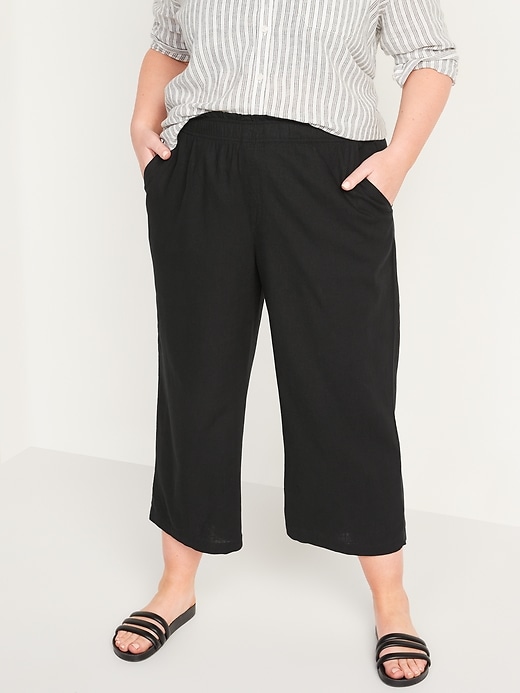 Image number 5 showing, High-Waisted Lettuce-Edge Linen-Blend Culotte Pants for Women