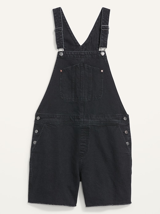 Image number 4 showing, Slouchy Straight Black-Wash Cut-Off Non-Stretch Jean Short Overalls for Women