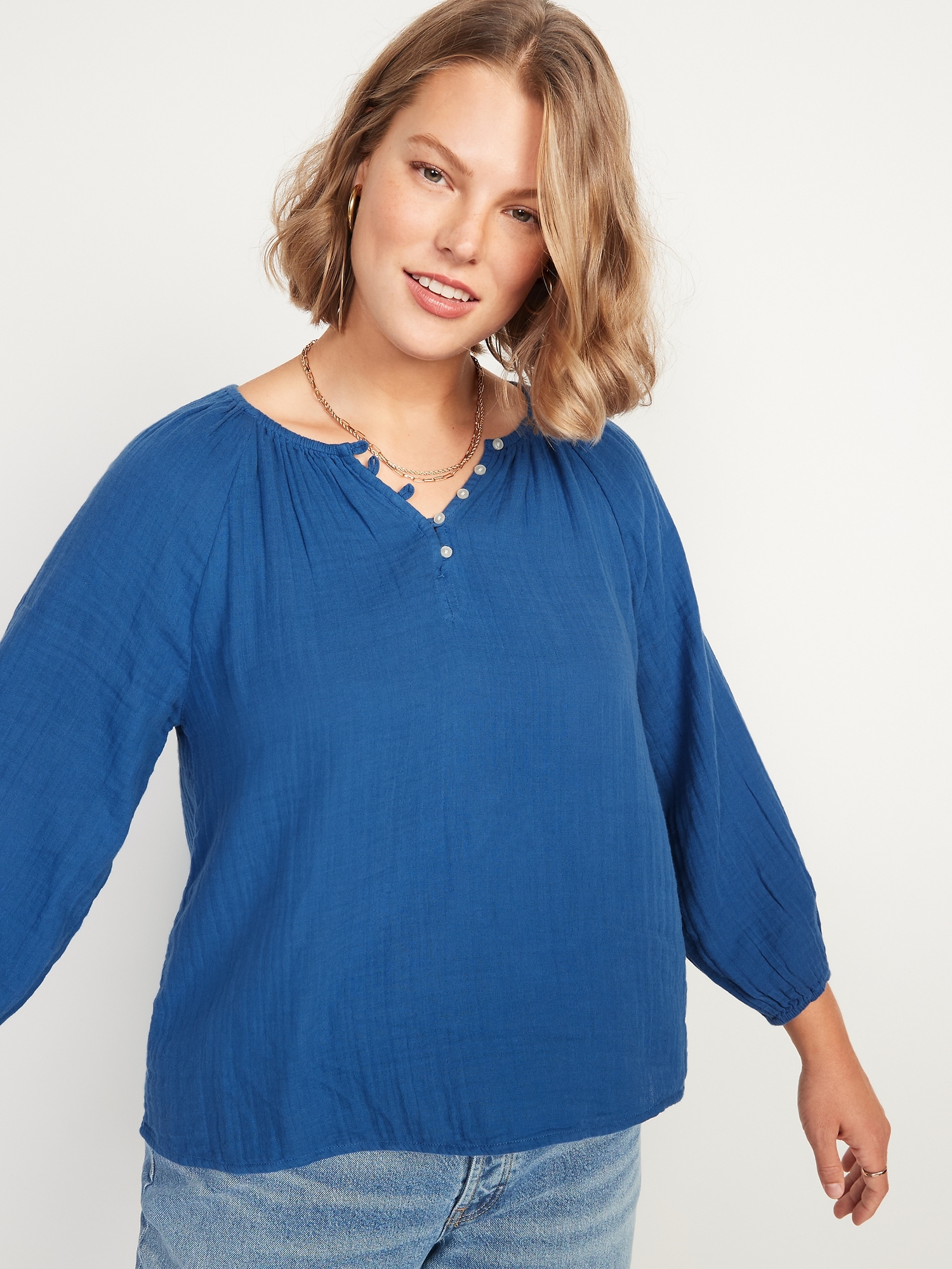 Shirred Double-Weave Long-Sleeve Blouse for Women | Old Navy