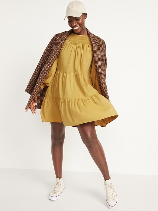 Long-Sleeve Tiered Smocked Embroidered Mini Swing Dress