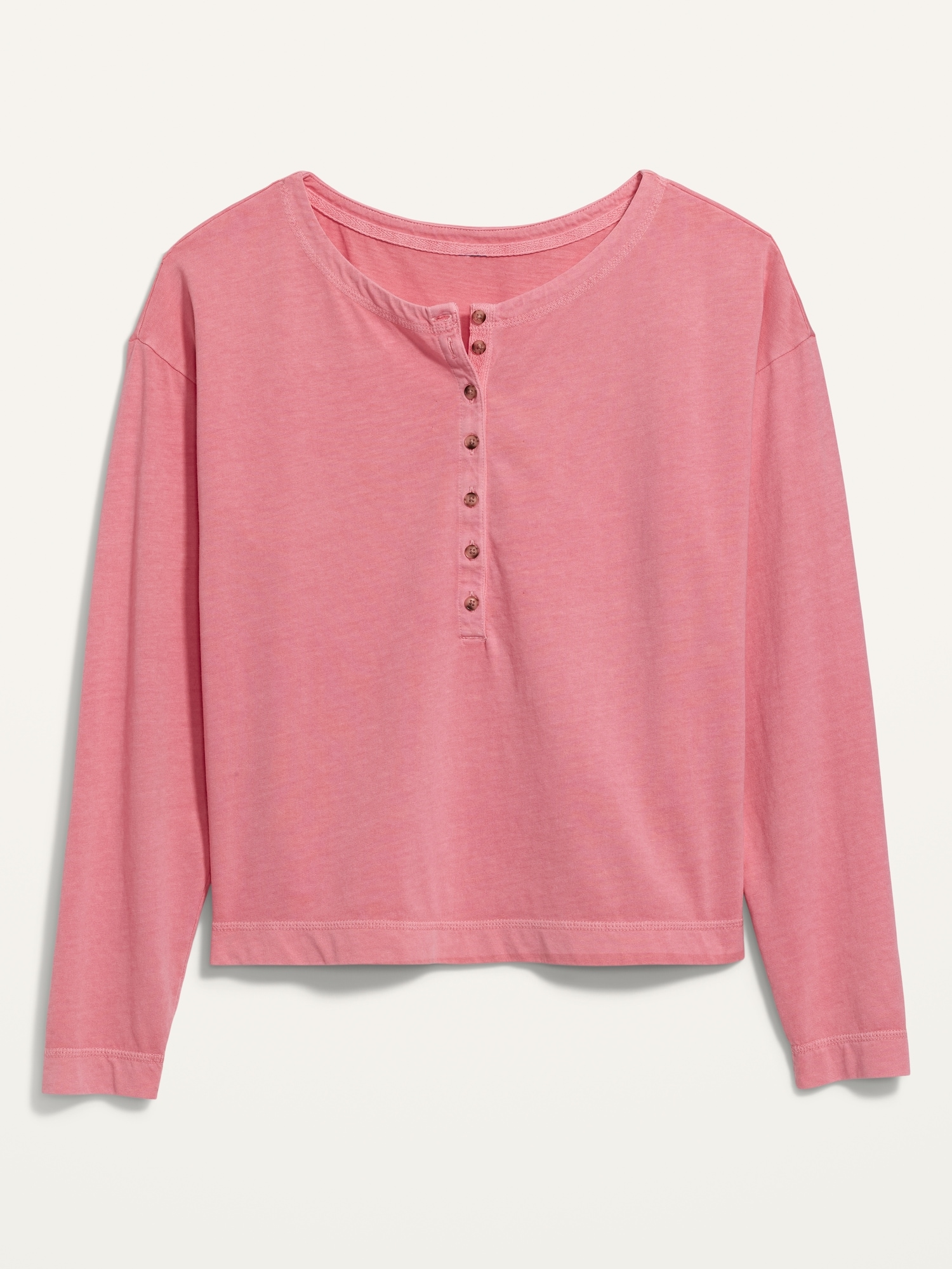 Loose Garment-Dyed Long-Sleeve Henley T-Shirt for Women