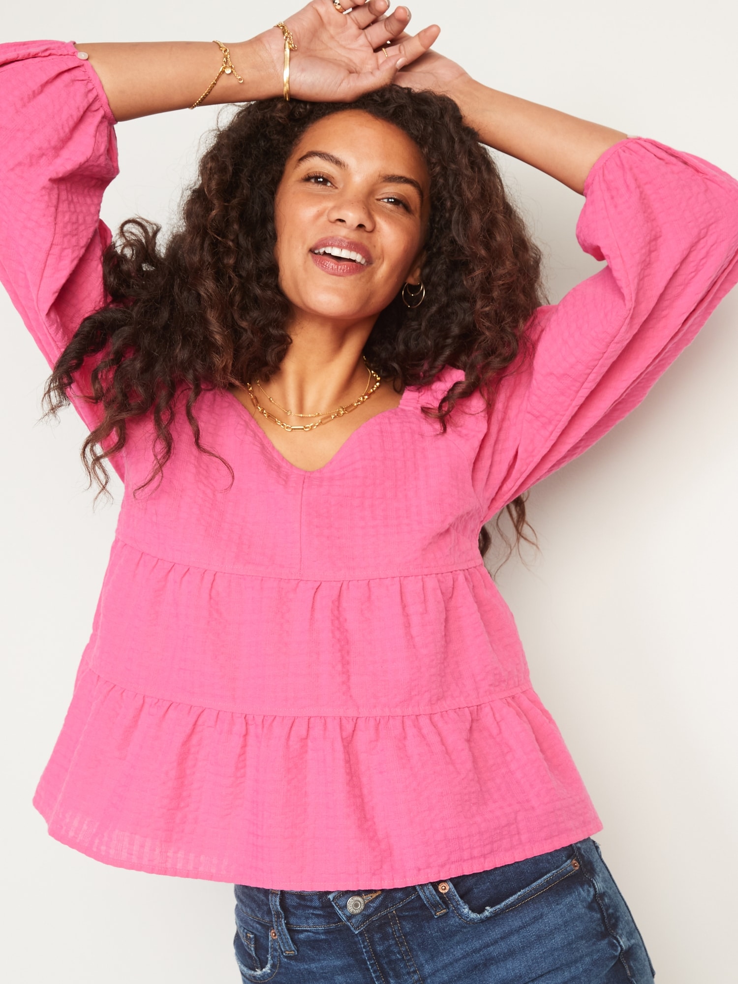 Tiered Seersucker LongSleeve Swing Top for Women Old Navy