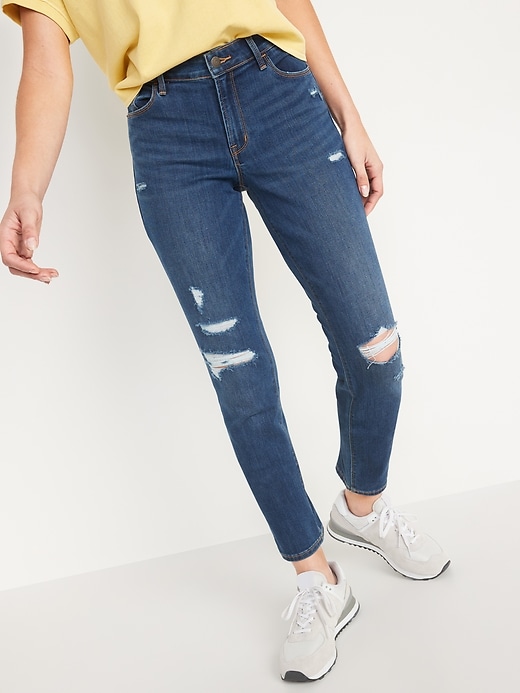 Image number 1 showing, Mid-Rise Distressed Power Slim Straight Jeans for Women