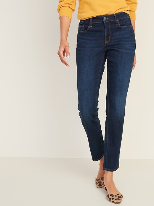 Image number 1 showing, Mid-Rise Dark-Wash Power Slim Straight Jeans for Women