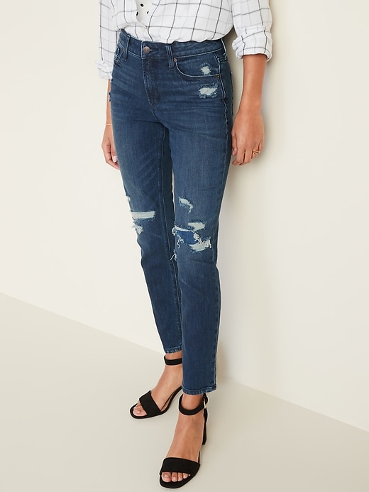 Image number 1 showing, High-Waisted Distressed Power Slim Straight Ankle Jeans for Women