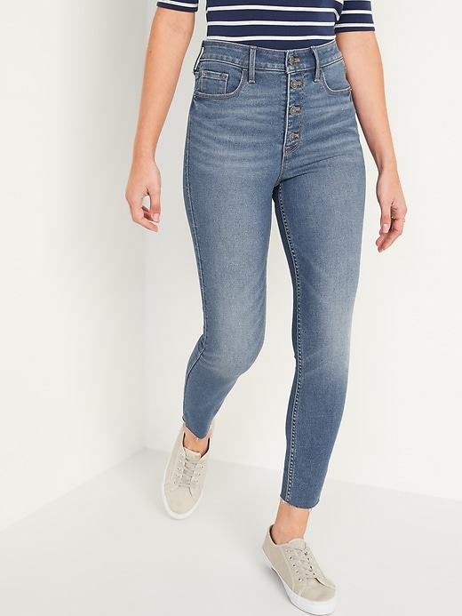 Image number 1 showing, Extra High-Waisted Button-Fly Rockstar 360° Stretch Super Skinny Cut-Off Ankle Jeans for Women
