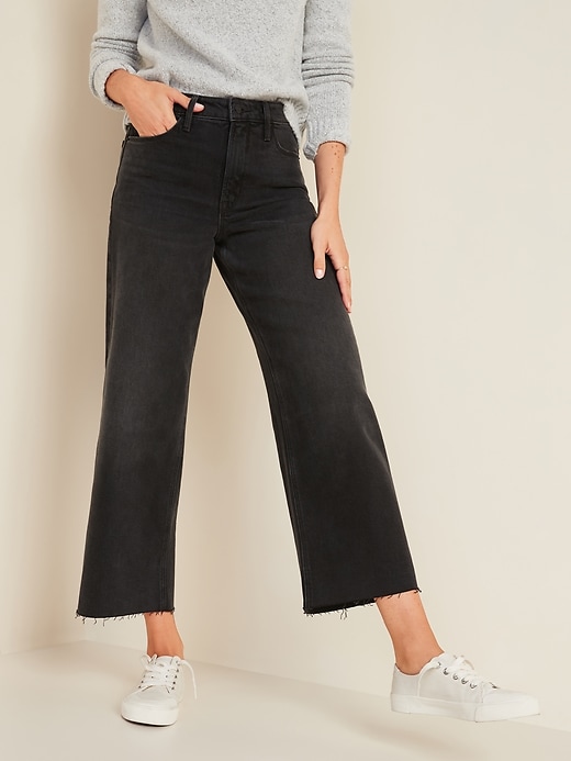 Image number 1 showing, Extra High-Waisted Wide-Leg Cut-Off Black Ankle Jeans for Women