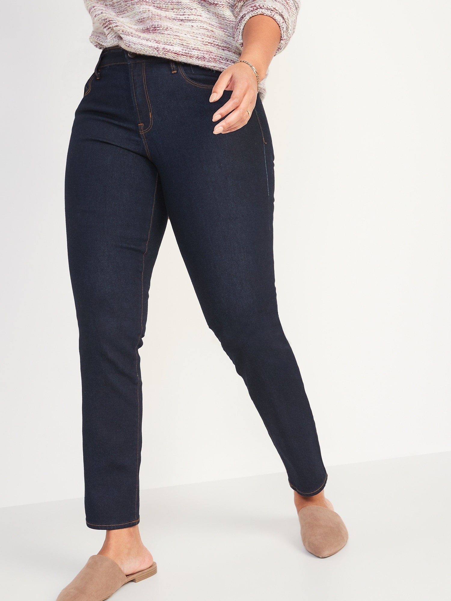 Mid-Rise Power Slim Straight Dark-Wash Jeans for Women | Old Navy