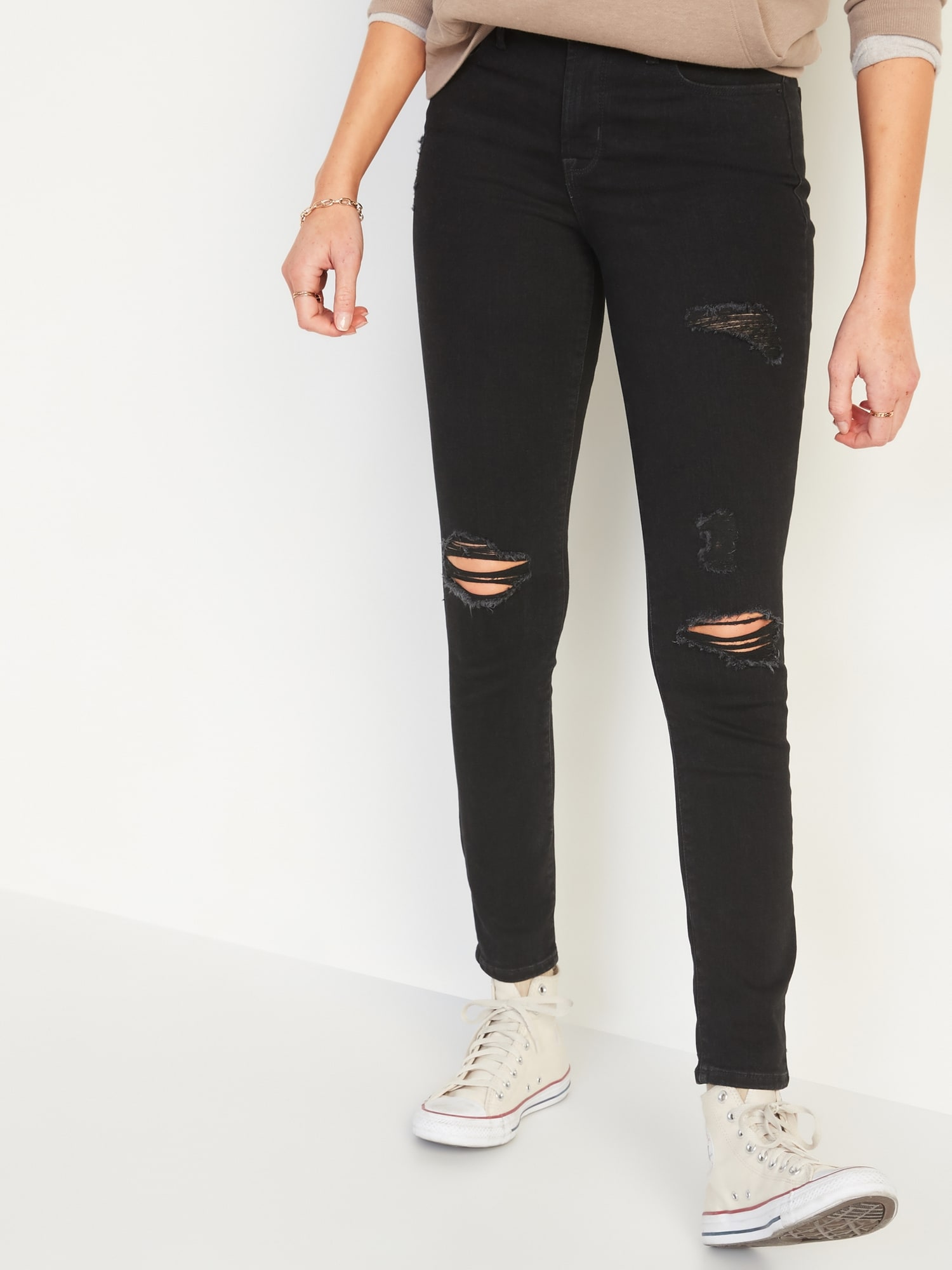 High-Waisted Pop Icon Black Ripped Skinny Jeans for Women