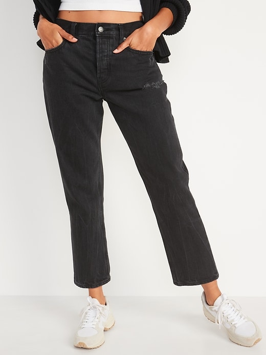 Image number 1 showing, High-Waisted Slouchy Straight Cropped Distressed Jeans for Women