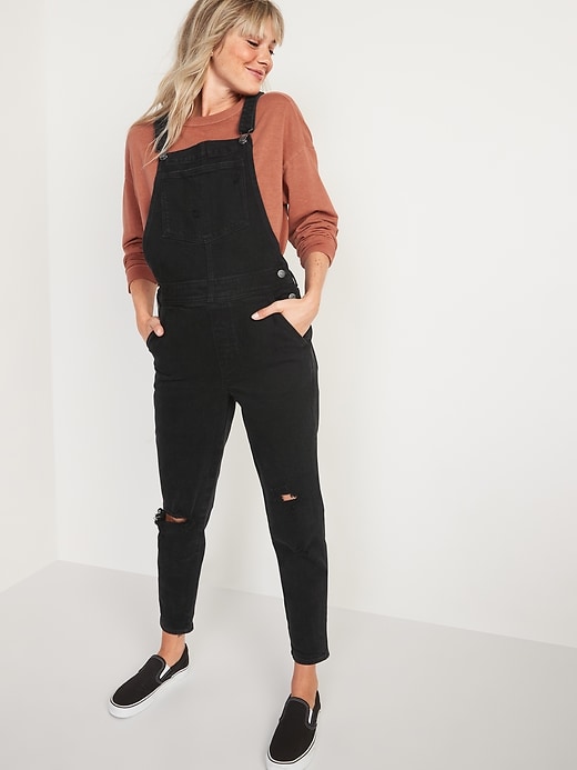 Image number 1 showing, O.G. Straight Black Ripped Jean Overalls for Women
