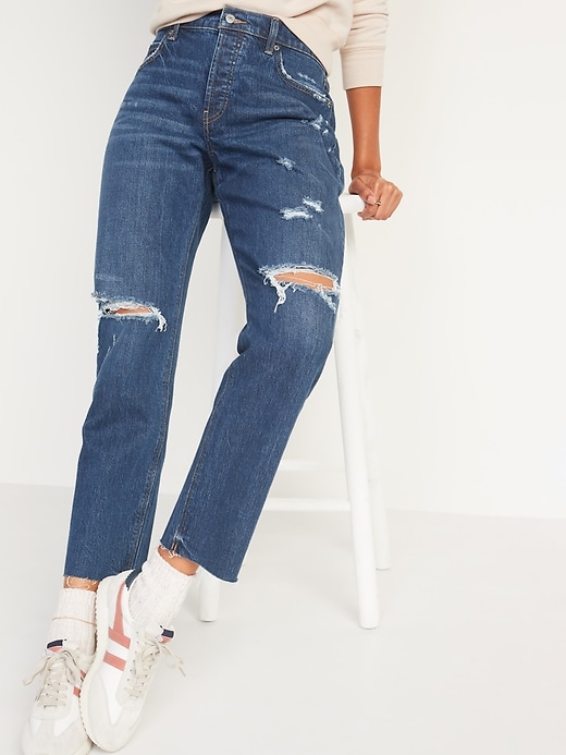 Oldnavy High-Waisted Button-Fly Slouchy Straight Ripped Cut-Off Jeans