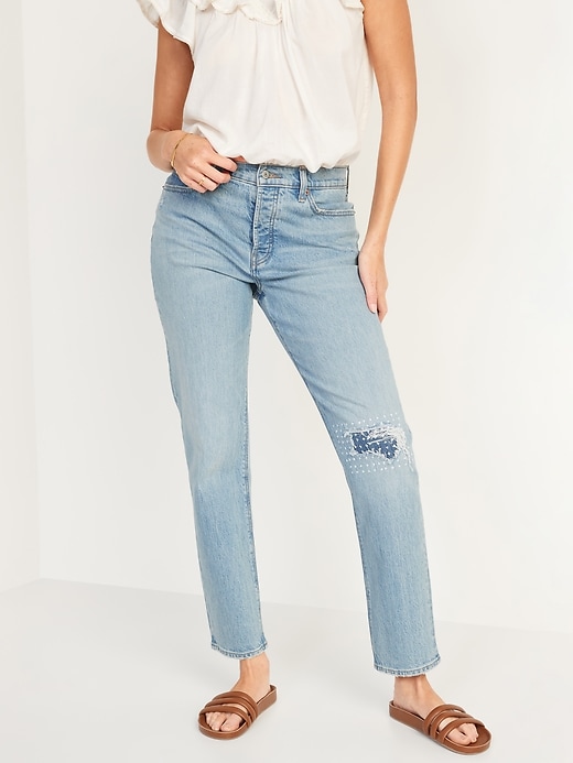 Oldnavy High-Waisted Button-Fly Slouchy Straight Rip & Repair Jeans for Women