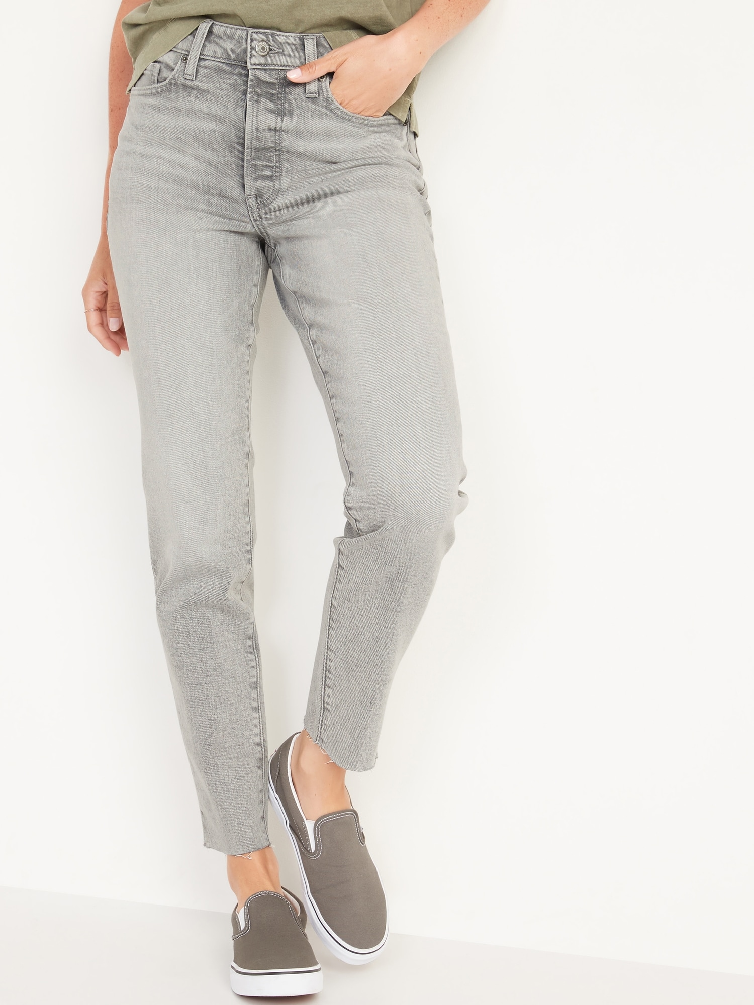 High-Waisted O.G. Straight Button-Fly Gray Cut-Off Jeans for Women