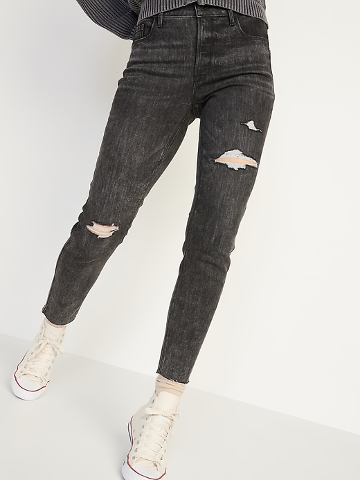High-Waisted Rockstar Super Skinny Ripped Gray Ankle Jeans for Women