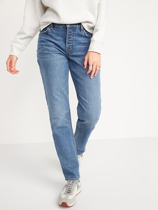 Image number 1 showing, High-Waisted Button-Fly Slouchy Straight Jeans for Women