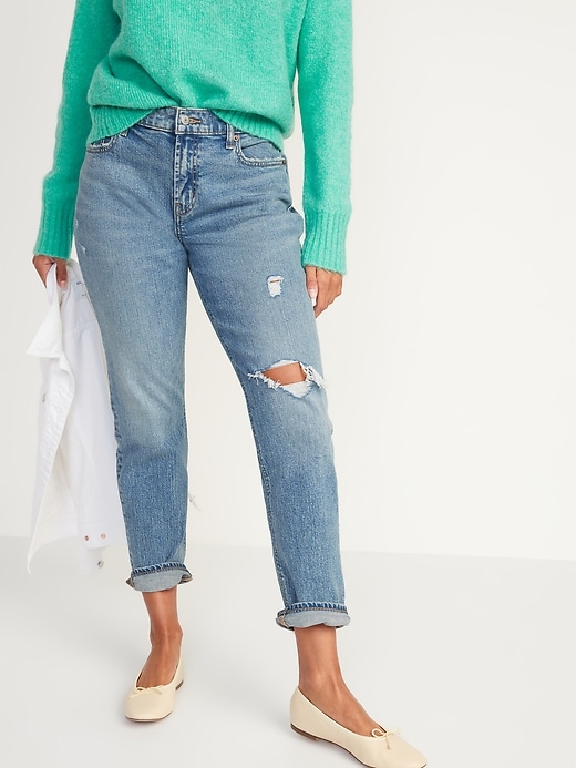 Image number 1 showing, Mid-Rise Boyfriend Straight Ripped Jeans for Women