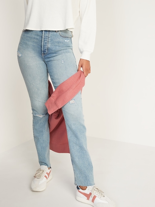 Image number 1 showing, Extra High-Waisted Button-Fly Kicker Boot-Cut Ripped Cut-Off Jeans for Women