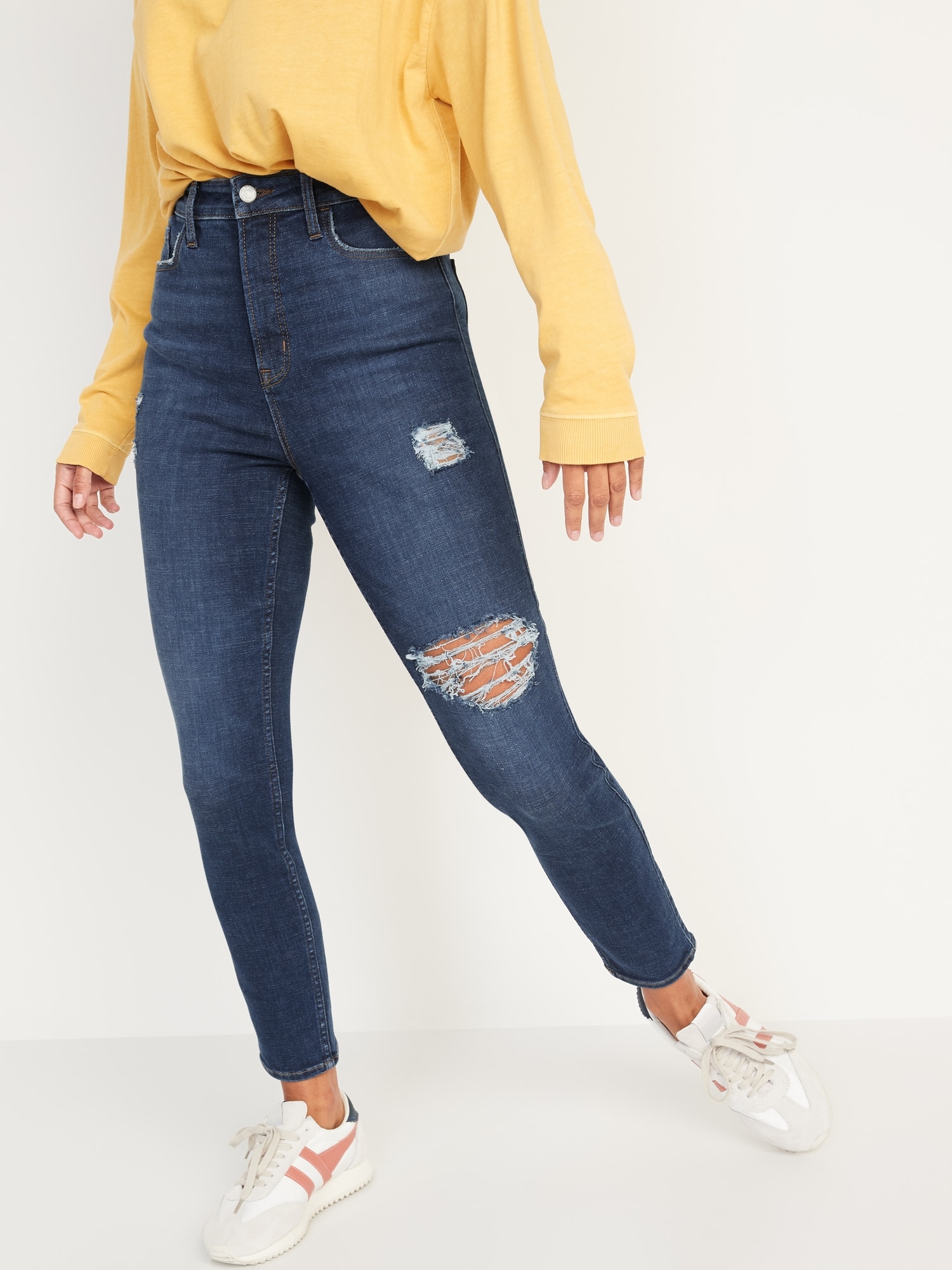 Old Navy Higher High-Waisted Rockstar 360° Stretch Super-Skinny Ripped Jeans for Women blue. 1