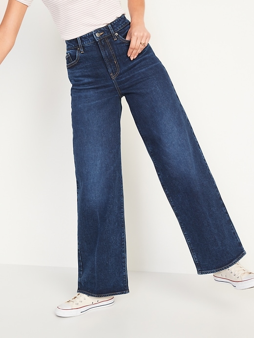 Image number 1 showing, Extra High-Waisted Dark-Wash Wide-Leg Jeans