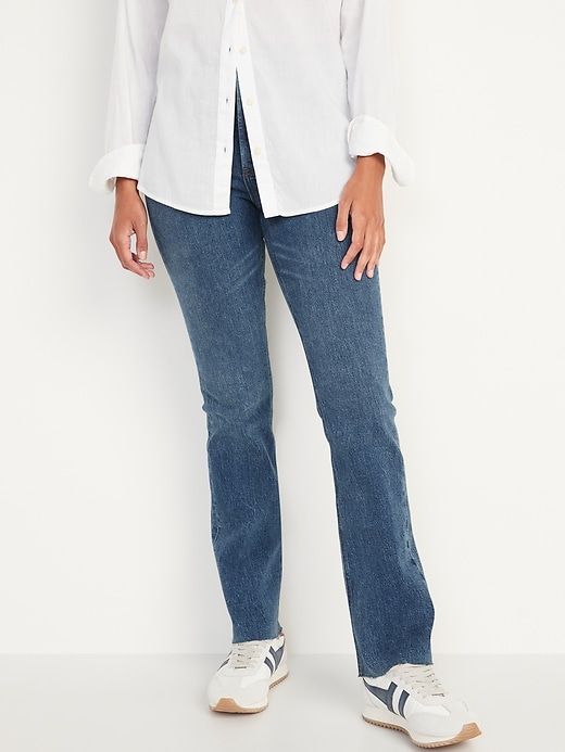 Image number 1 showing, Extra High-Waisted Button-Fly Kicker Boot-Cut Ripped Cut-Off Jeans