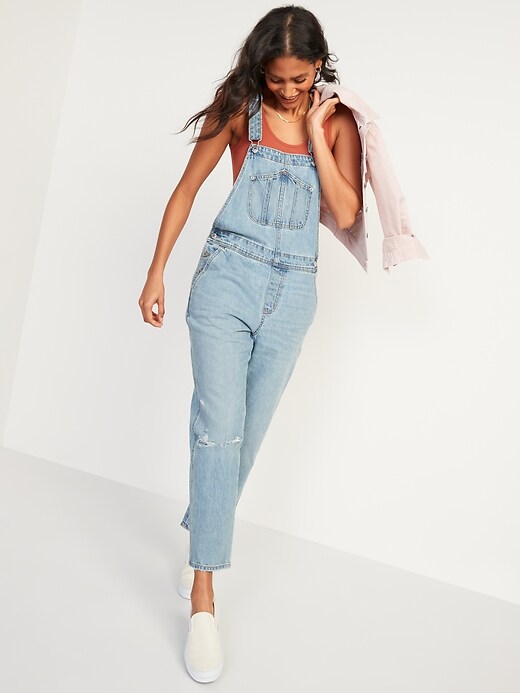 Image number 1 showing, Light-Wash Slouchy Straight Workwear Ripped Jean Overalls