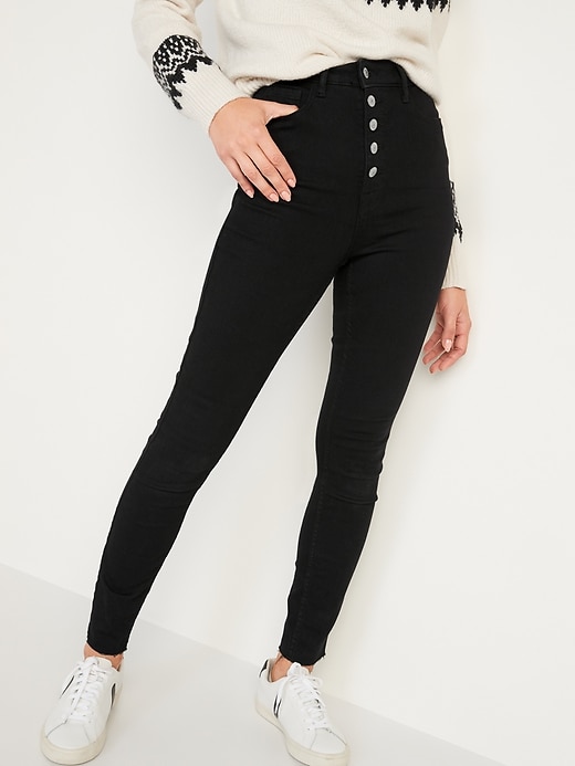 Image number 1 showing, Higher High-Waisted Button-Fly Rockstar 360° Stretch Super-Skinny Cut-Off Jeans