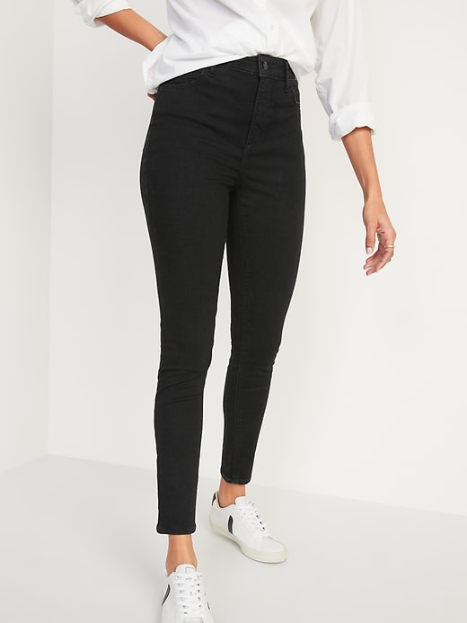 Image number 1 showing, FitsYou 3-Sizes-in-1 Extra High-Waisted Rockstar Super-Skinny Black Jeans for Women
